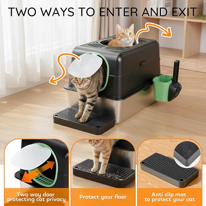Cat Litter Box with Lid,Extra Large Enclosed Removable Cat Litter Boxes ，Stainless Covered，Top Entry Metal Kitty Litter Box with Cover.High Sided Enclosure with Scoop-Black