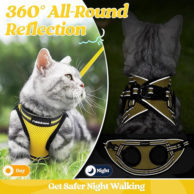 rabbitgoo Cat Harness and Leash Set for Walking Escape Proof, Adjustable Soft Kittens Vest with Reflective Strip for Cats, Comfortable Outdoor Vest, Bright Yellow, S