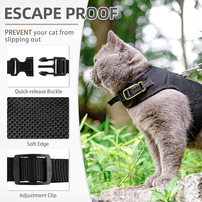PUPTECK Soft Mesh Cat Vest Harness and Leash Set Puppy Padded Pet Harnesses Escape Proof for Cats Small Dogs Rabbits Bunny, Black Large