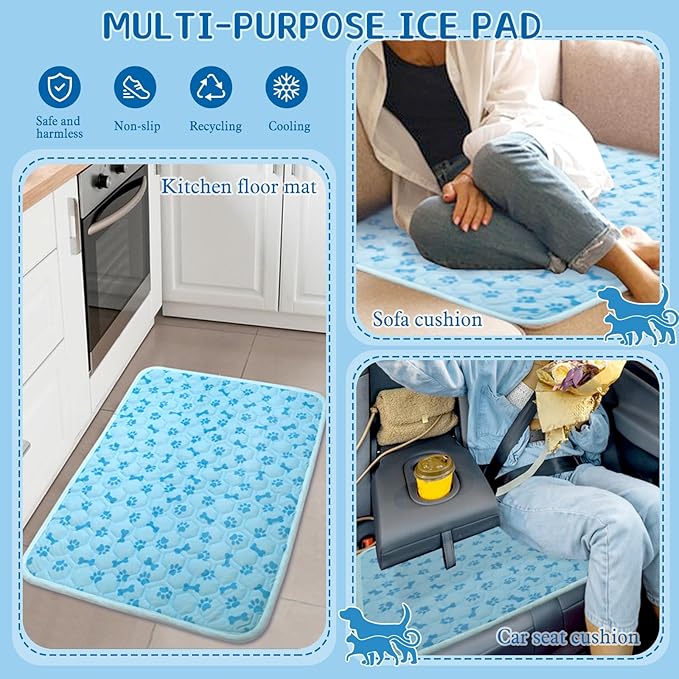 Dog Cooling Mat Self-Cooling Mat for Dogs Non-Slip Pet Cool Pad Cat Sleeping Pad Summer Blanket for Pets Foldable Washable for Kennel, Travel, Bed, Cars, Indoor and Outdoor Use (Blue, L(27*39inch))
