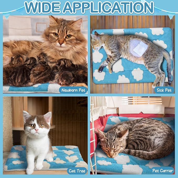 VitalCozy 2 Pack Self Warming Cat Mat Self Heating Pad Bed Reversible Machine Washable Reflects Body Heat Warm Thermal Pet Pad Crate Blanket for Feral and Indoor Cat (Blue, White,21" X 14",Clouds)