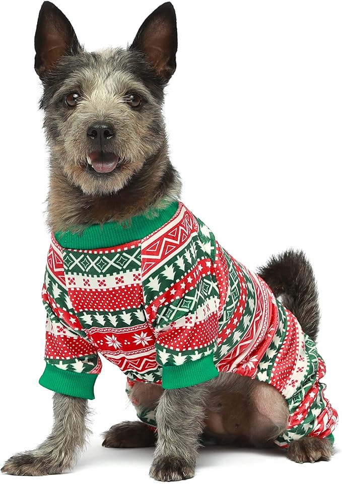 Fitwarm Dog Christmas Outfit, Holiday Pet Clothes for Small Dogs Boy Girl, Festive Pajamas with Feet, Puppy Onesie, Red, Green, XL