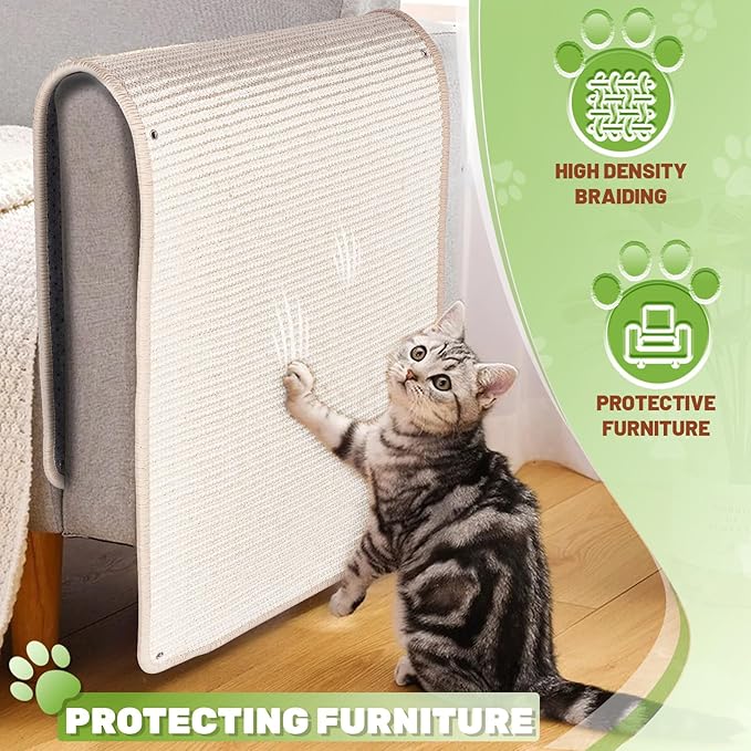 Natural Sisal Cat Scratcher Mat, Wall Scratcher Carpet, Cat Climbing Wall, Large Tall Scratching Post, Sofa Protector, Scratching Mat Pad for Indoor Cats (White, 39.3" Lx15.7 W, 1PC)