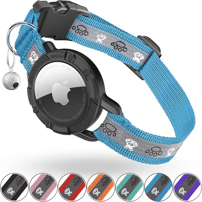 Reflective AirTag Cat Collar, Integrated Cat Tracker Collar with Air Tag Holder and Bell, Safety Elastic Band Cat GPS Collars for Girl Boy Cats, Kittens and Puppies (Blue, S)