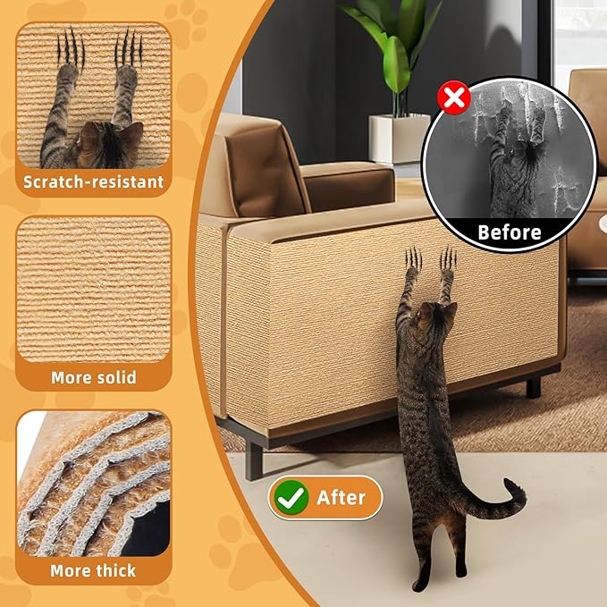 2pack Cat Scratch Couch Furniture and Wall Protector | Adhesive Cat Scratch Pad for Covering Cat Tower, DIY Climbing Cat Scratcher Couch Protector from Cat Claws Scratching (Khaki)