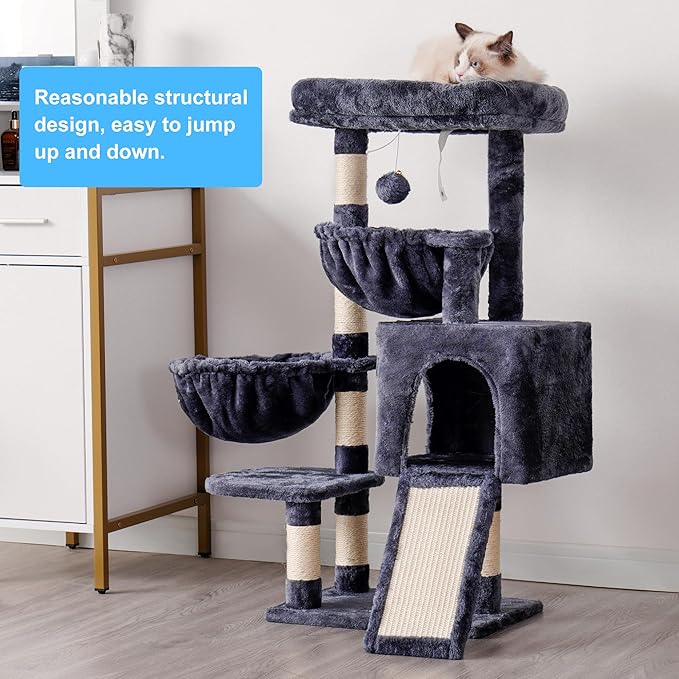 Hey-brother Cat Tree, Cat Tower for Indoor Cats, Cat House with Large Padded Bed, Cozy Condo, Hammocks, Sisal Scratching Posts, Big Scratcher, Smoky Gray MPJ006SG