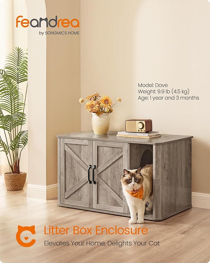 Feandrea Litter Box Enclosure, Modern Cat Litter Box Furniture Hidden, Front Entry, Double Doors, Handles, Cat House, Side End Table, 33.5 x 19 x 19.5 Inches, Heather Greige UPCL012G01