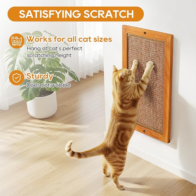 Large Cat Scratching Post for Indoor Cats - Wooden Sisal Cat Wall Scratcher, Vertical Floor or Wall Mounted Cat Scratch Pad, Furniture Protector for Adult Cats & Kittens