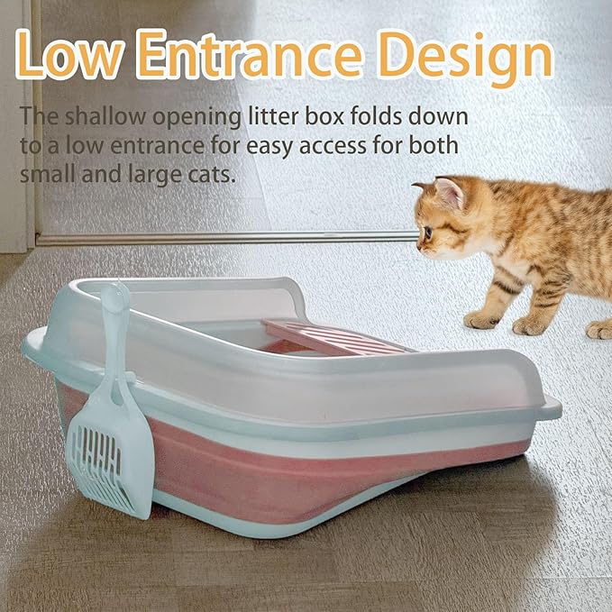 Low Entry Kitten Litter Box,Collapsible Cat Litter Box, Open Small Cat LitterBox with High Side Shallow Kitten Litter Pan Anti-Splashing Waterproof with Falling Sand Pedal
