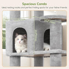 Globlazer Extra Large Platform Cat Tree, 65in Sturdy Cat Tree for Indoor Cats Large Adult, Big Cat Tower for Big Cats with 3 Enlarged Perches, 6 Scratching Posts, Cat Condo, Hammock, S65, Light Grey