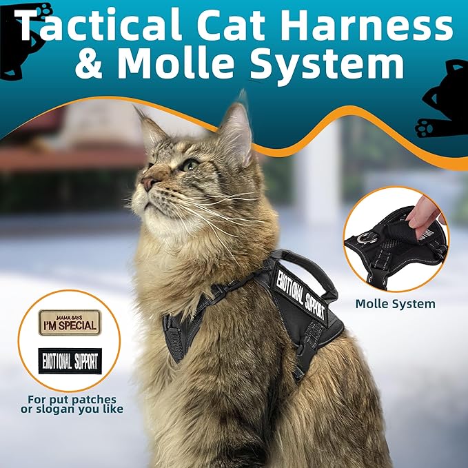 Tactical Cat Harness Black for Walking Esacpe Proof,Adjustable Soft Mesh Large Cat Vest with Rubber Handle Easy to Control,Molle Patches L