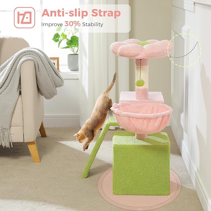 PETEPELA Flower Cat Tree for Indoor Cats, 32'' Small Cat Tower Cat Condo with Sisal Scratching Ramp, Cozy Hammock and Removable Flower Bed Perch for Kittens, Pink