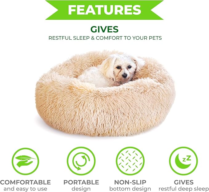 Whiskers & Friends Cat Bed Dog, Cat Beds for Indoor Cats Washable, Orthopedic Soft Fluffy Round Calming Pet Bed for Small to Large Kitty Kittens & Dogs, Small Dog Beds & Furniture