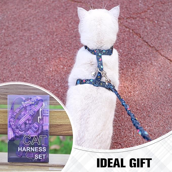 BEAUTYZOO Cat Harness and Leash Set Escape Proof for Walking, Kitten Soft Adjustable Vest Harnesses for Small Medium Large Cats, Easy Control Breathable Plaid Ribbon Nylon for Outdoor Indoor Use