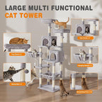 Sweetcrispy 71 inch Cat Tree Tower, Large Multi Level Cat Climbing Tower with Condo, Natural Sisal Scratching Posts, Platform, Hammock, Basket, Tall Pet Tree House for Indoor Cats Play, Light Grey
