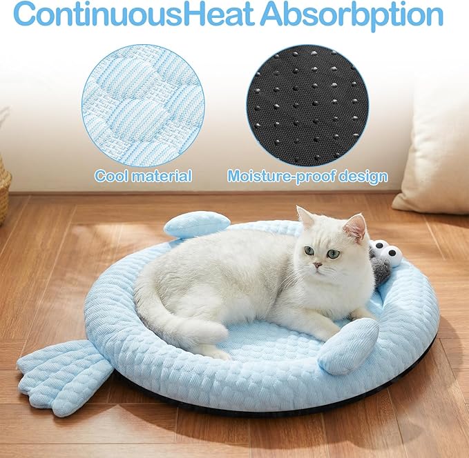 Hillban Cat Cooling Mat Fish Shaped Pet Cooling Mat for Cats or Small Dogs 24.8'' x 20.47'' Cat Cool Bed Soft and Comfortable Cool Pad Washable Non-Slip Bottom Use in Floor Bed Sofa Chair Kennel