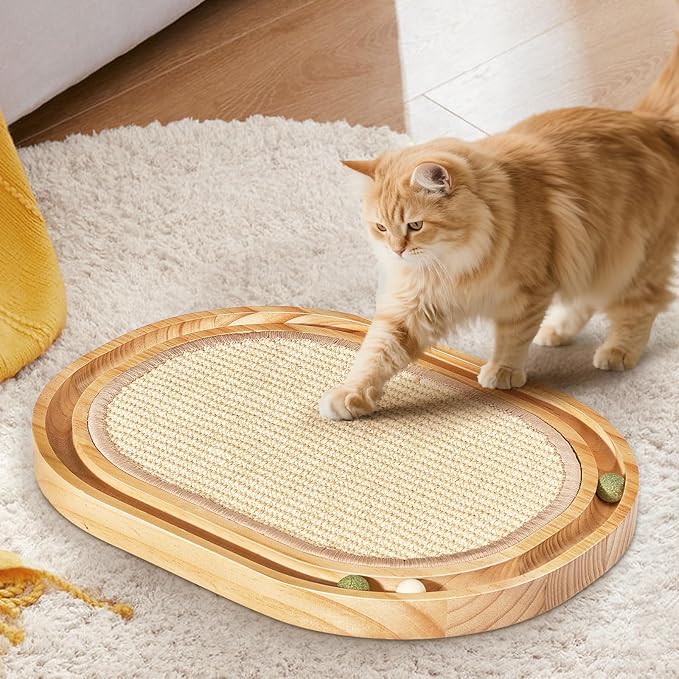 Oval Sisal Cat Scratcher with Ball Track - Woven Sisal Cat Scratching Pad & Interactive Cat Toy, Wooden Track with 3 Toy Balls for Indoor Cats, No Assembly Needed
