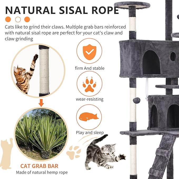BestPet | 70" Cat Tree Tower | Light Gray | Sturdy, Easy to Assemble, Multi-Level Activity Center with Sisal Scratching Posts, Condos, Perches, Hanging Cat Toys, Observation Decks & Ladder