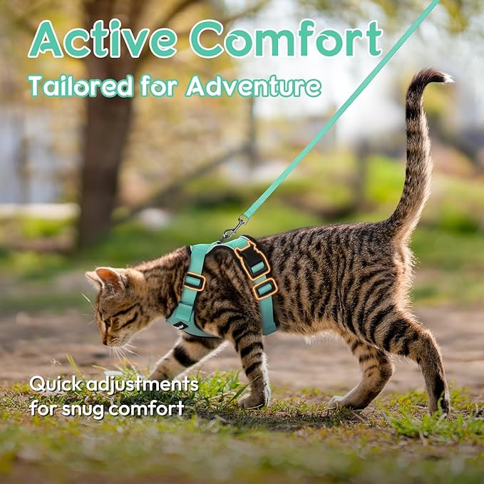 Dooradar Cat Harness and Leash Set, Escape Proof Safe Adjustable Kitten Vest Harnesses for Walking, Easy Control Soft Breathable Mesh Jacket with Reflective Strips for Cats, Green, M
