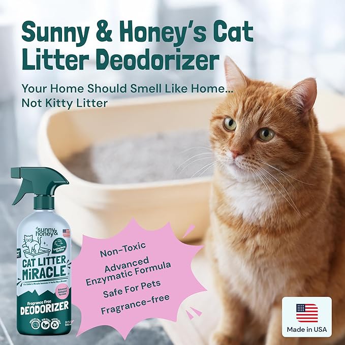 Sunny & Honey Cat Litter Deodorizer Spray - 32 fl oz, 1 Pack, Unscented - Source-Targeted Freshness & Litter Box Cleaner - Enzyme Cat Pee Cleaner - Fragrance-Free Deodorizer