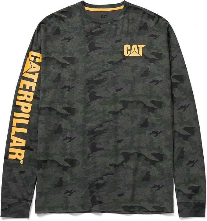 Caterpillar Trademark Banner Long Sleeve Tee Shirts for Men with Center Back Neck Wire Management Loop and Cat Workwear Logo