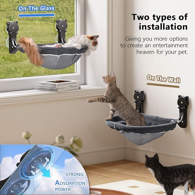 2 Pack Cat Window Perch Cordless, Kitty Hammock with Sunken Design Foldable & Stable Cat Beds- Breathable Window Hammock for Overlooking, Sunbathing and Climbing - Maximum Hold Up to 40lb