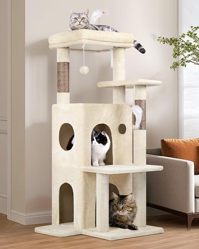 Globlazer Cat Tree Tower for Indoor Cats, 50-inch Adult Cat Tree House for Large Adult Cats with Steps, Scratching Post, 2 Cat Caves, Dangling Toys, FC50, Beige