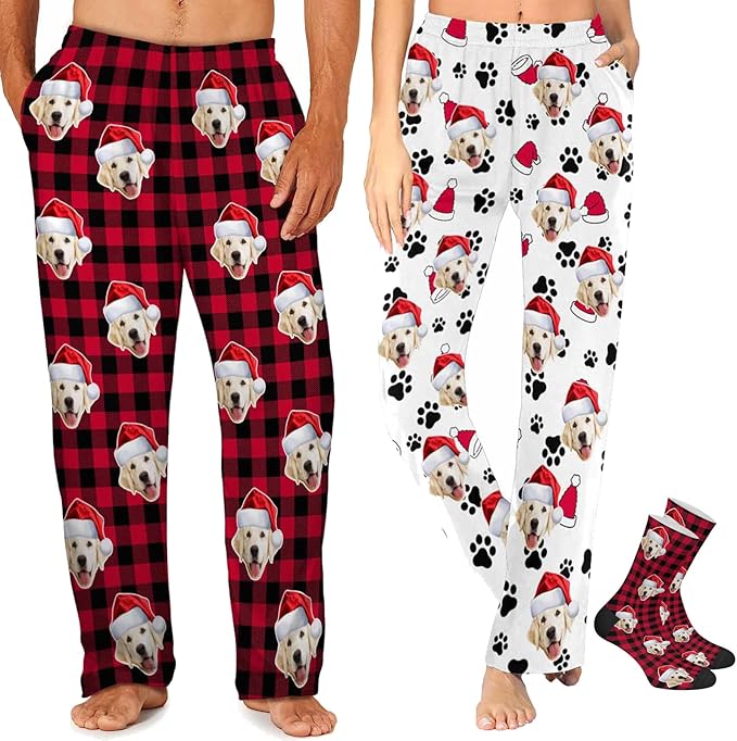 MyPupSocks Custom Pajama Pants for Pet Lover, Personalized Photo Face Printed Pajama Bottoms Sleepwear with Pockets