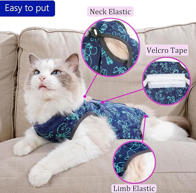Cat Surgery Recovery Suit Cat Onesie for Cats After Surgery for Surgical Abdominal Wound Or Skin Diseases E-Collar Alternative Wear Neutering Bodysuit Wear (Dark-Blue-L)