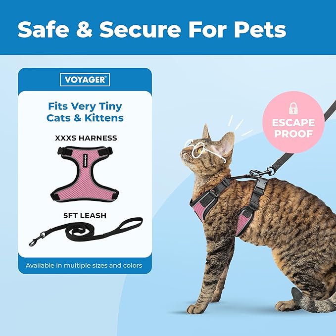 Voyager Escape-Proof Step-in Lock Cat Harness & 5ft Neoprene-Handle Leash Set All-Weather Mesh with Reflective Stitching for Small to Large Cats by Best Pet Supplies, Black Trim-Pink (327), XXXS