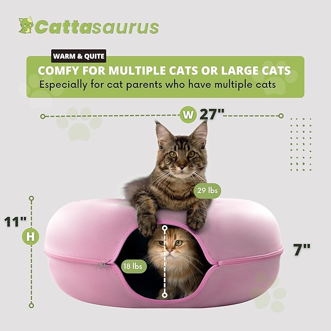 Cattasaurus Peekaboo Cat Cave Donut for Multiple & Large Cats up to 30-45 lbs, 3-in-1 Self Warming Cat Bed, Tunnel & Scratcher for Indoor Cats, Washable & Detachable Small Dog Bed (Pink, Jumbo)