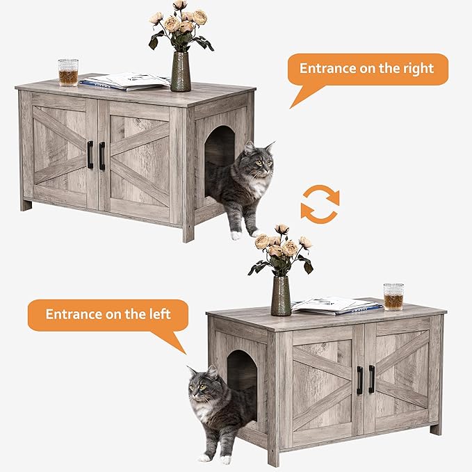 Homhedy Cat Litter Box Enclosure, Wooden Cat Washroom Furniture with Barn Door, Pet House, Fit Most of Litter Box, Greige