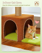 Flower Cat Tree with Sisal Scratching Posts, 35" Cute Cat Tower with Large Green Hammock for Small Indoor Cats, Cat Condo with Removable Flower Bed for Kittens, Brown