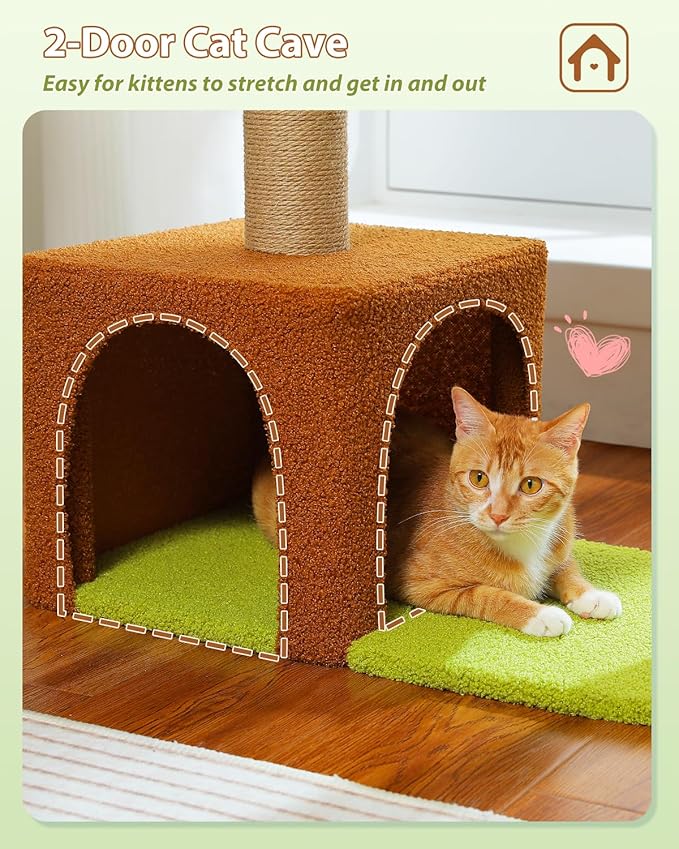 Flower Cat Tree with Sisal Scratching Posts, 35" Cute Cat Tower with Large Green Hammock for Small Indoor Cats, Cat Condo with Removable Flower Bed for Kittens, Brown