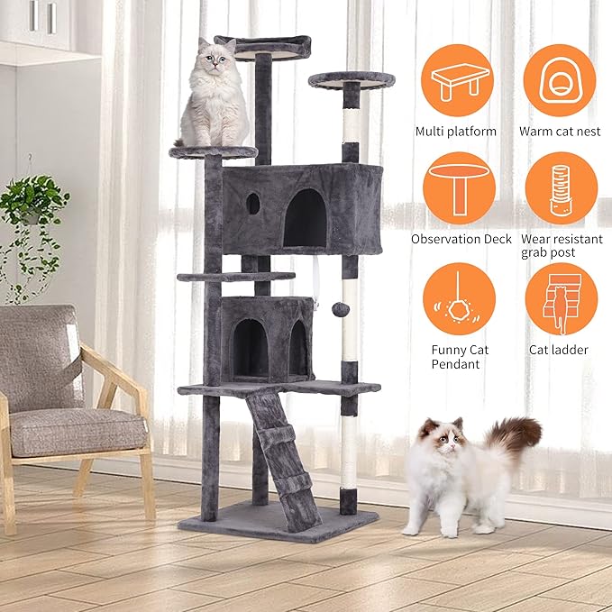 BestPet | 70" Cat Tree Tower | Light Gray | Sturdy, Easy to Assemble, Multi-Level Activity Center with Sisal Scratching Posts, Condos, Perches, Hanging Cat Toys, Observation Decks & Ladder