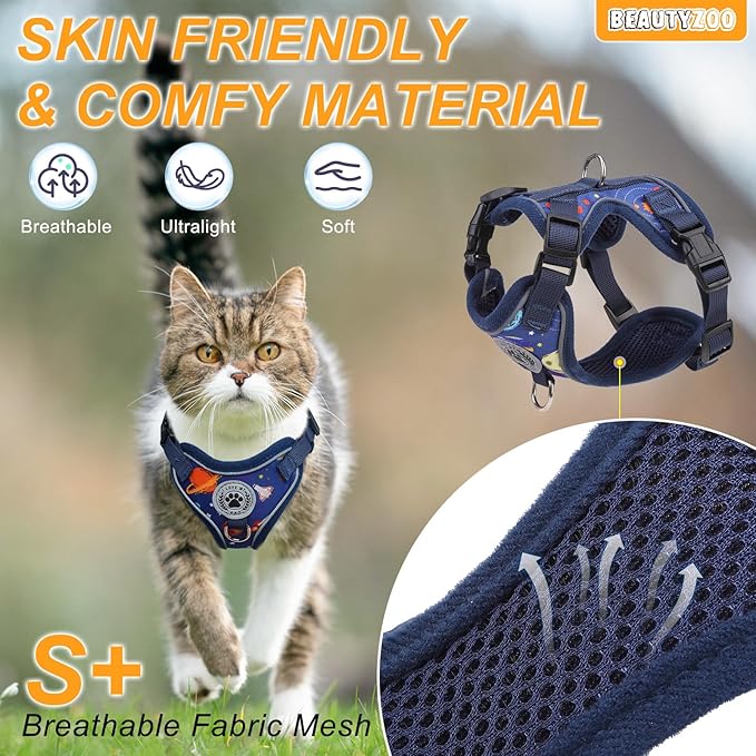 BEAUTYZOO Escape Proof Cat Harness and Leash for Walking, Soft Adjustable Cute Vest for Small to Large Cats, Reflective Breathable Easy-Control Outdoor Jacket, Kitten Harness and Leash Set, Blue, M