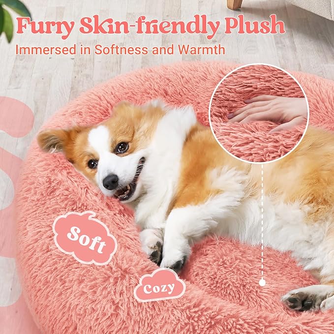 rabbitgoo Calming Dog Bed for Small Medium, 30 inches Pet Bed Machine Washable, Non-Slip Round Fluffy Plush Faux Fur Large Cat Cushion, Soft Donut Cuddler Cushion for Small Dogs, Pink