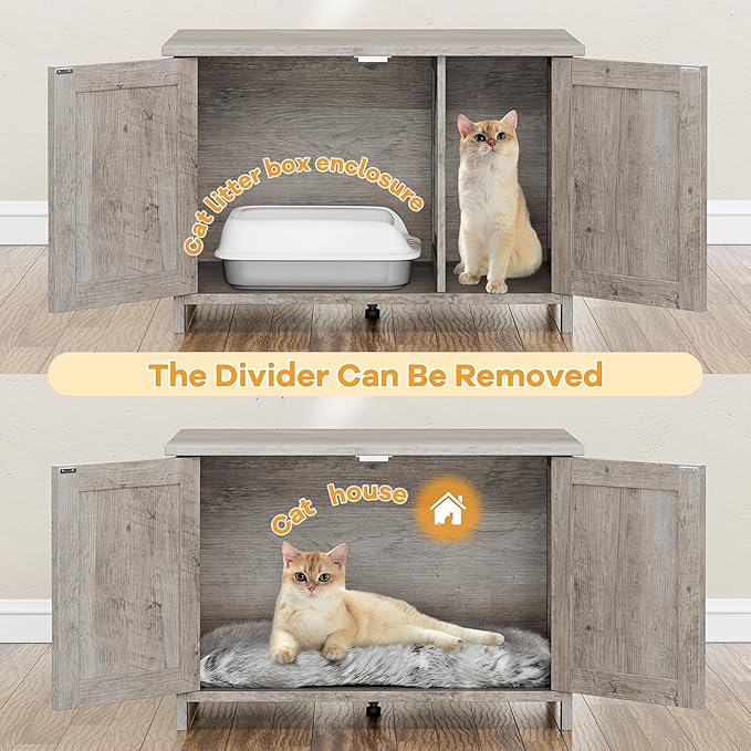 Shintenchi Cat Littler Box Enclosure, Litter Box Furniture Hidden with Removable Divider, Cat House with End Table, Grey, 31.5 inch