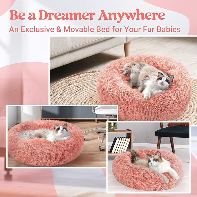 rabbitgoo Cat Beds for Indoor Cats, 20 inches Cat Bed Machine Washable, Fluffy Round Pet Bed Non-Slip, Calming Soft Plush Donut Cuddler Cushion Self Warming for Small Dogs Kittens, Light Pink, Medium