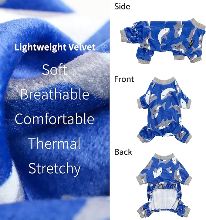 Fitwarm Shark Dog Pajamas, Dog Clothes for Small Dogs Girl Boy, Pet Onesie with Feet, Cat Outfit, Lightweight Velvet, Royal Blue, Large