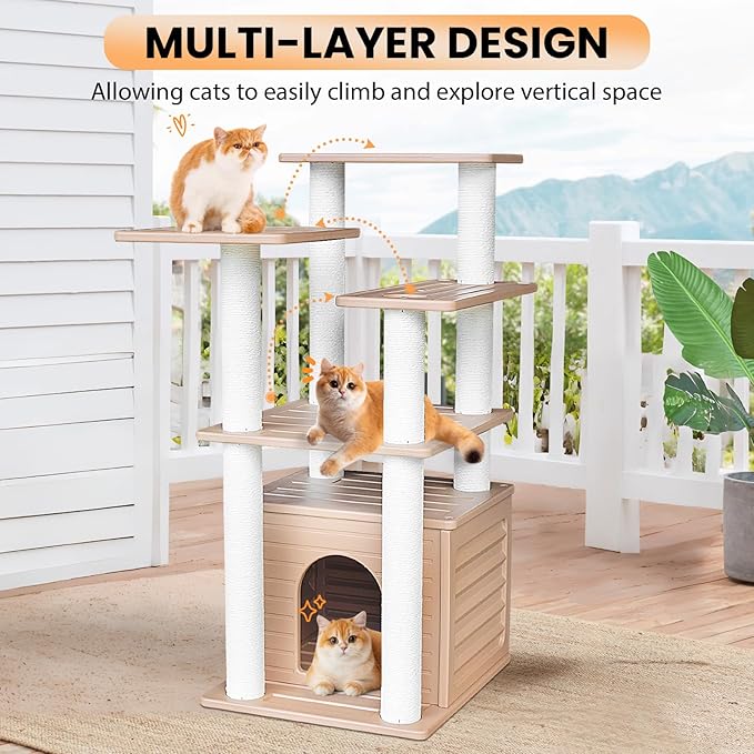 46” Indoor and Outdoor Cat Tree Tower, Cat House for Outdoor Cats, Weatherproof Cat Condo with Scratching Posts