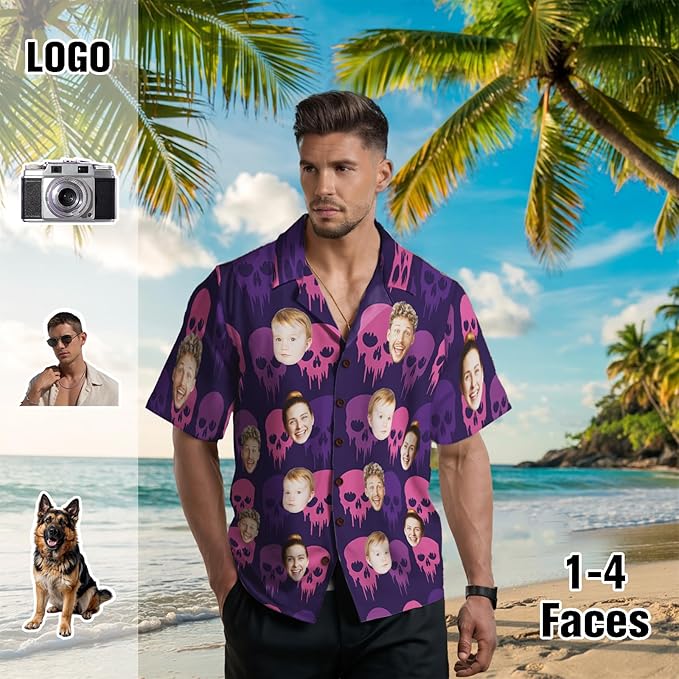 Custom Hawaiian Shirt with Face for Men, Unisex Tropical Beach Shirts Personalized Casual Funny Hawaii Button Down Shirts