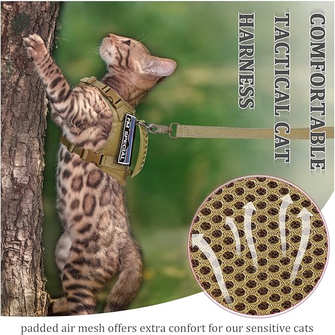 Tactical Cat Harness and Leash for Walking Esacpe Proof,Adjustable Soft Mesh Large Cat Vest with Rubber Handle Easy to Control,Molle Patches