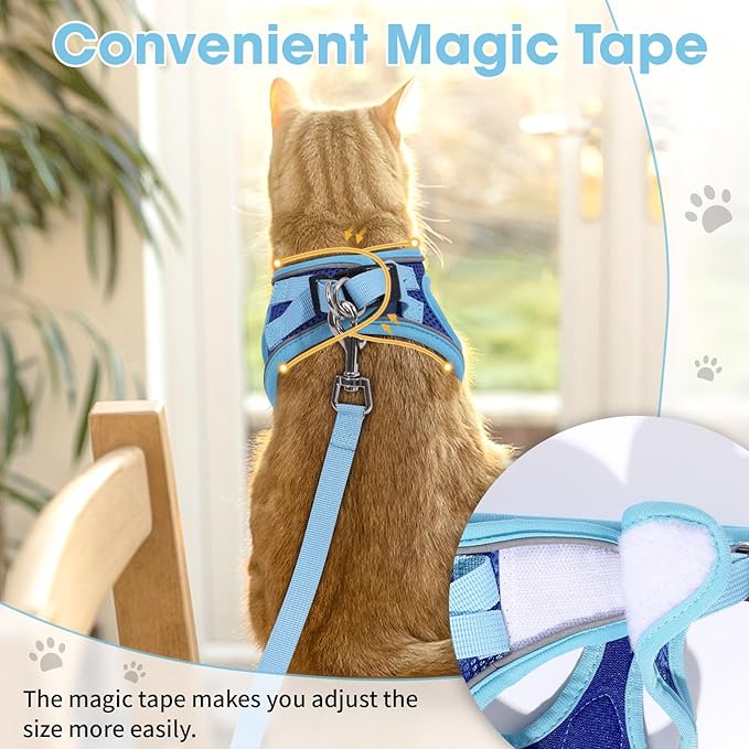 Cat Vest Harness and Leash Set for Walking, Escape Proof, Adjustable Kitten Harness, Breathable Mesh with Reflective Strips, Detective Conan-Inspired Design, Blue, Medium