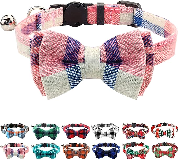 Joytale Upgraded Cat Collar with Bells, Breakaway Cat Collars with Bow Tie, 1 Pack Girl Boy Safety Plaid Kitten Collars, Pink