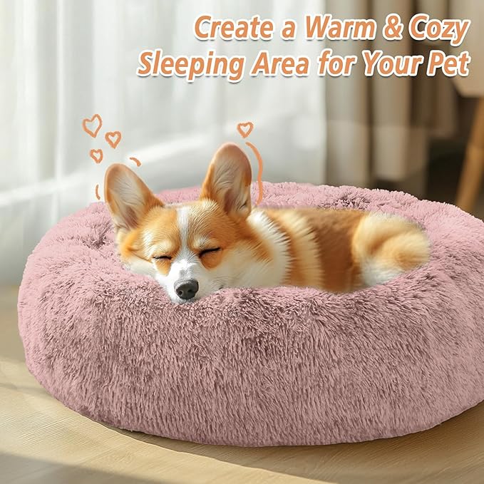 JOLLYVOGUE Calming Dog Bed for Small Dogs - 23 inches Donut Washable Small Dog Bed for Kittens & Puppies, Anti-Slip Round Fluffy Plush Faux Fur Cat Beds (Fits up to 25 lbs Pets, Dark Pink)