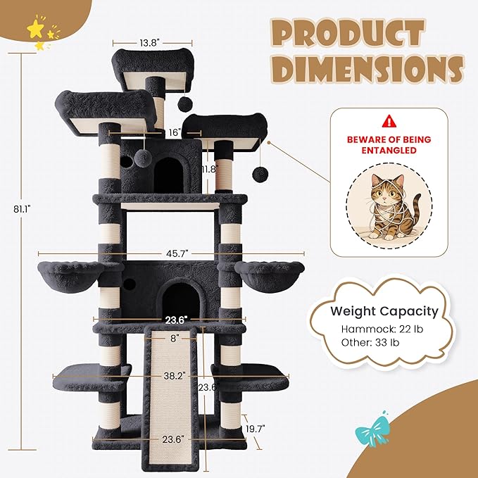 SHA CERLIN 81 Inches Extra Large Cat Tree for Indoor Adult Cats/XXL Big Cat Tower with Condo/Cozy Perches/Sisal Scratching Posts and Hammocks/Activity Center/F80/Heavy Duty/Dark Grey