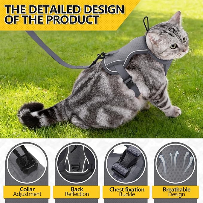 Cat Harness and Leash Set - Escape Proof, Adjustable Breathable Vest Harnesses with Reflective Strips, Easy Control & Secure Walking for Small Medium Large Cats Kitten Collar (Grey, Medium)