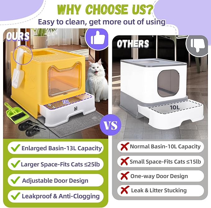 Enclosed Cat Litter Box with Lid Foldable Potty,Drawer Type Extra Large Cover Litter Box with Mat, Kitty Free in and Out/One-Way,Odor Control Anti-Splashing Easy Cleaning (Yellow)