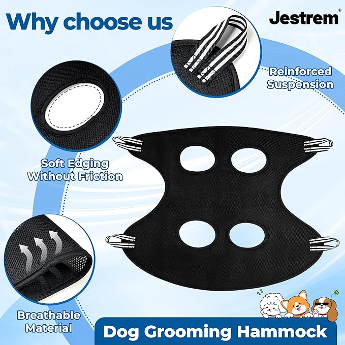 Pet Grooming Hammock for Cats & Dogs, Breathable Mesh Dog Hanging Harness for Nail Trimming, Grooming, Bathing Includes S Hooks, Dog Hammock/Grooming Sling, Pet Grooming Sling Helper(Black,M)